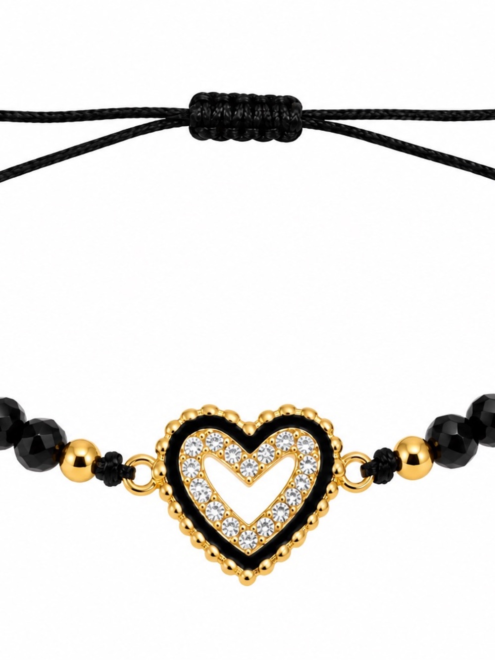 Gold Heart Charm Bracelet with Black Cord and Crystal Accents